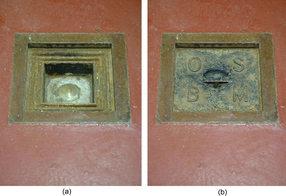 010-(a)-The-brass-bolt-benchmark--from-which-the-ODN-national-datum-is-defined-as-being-4.751-m-below-the-mark,-and-(b)the-cover-of-the-historic-mark